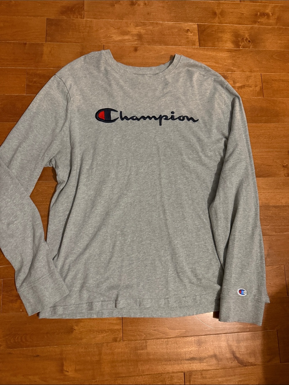Champion Heather Gray Long Sleeve Logo Shirt with Navy & Red Detail
